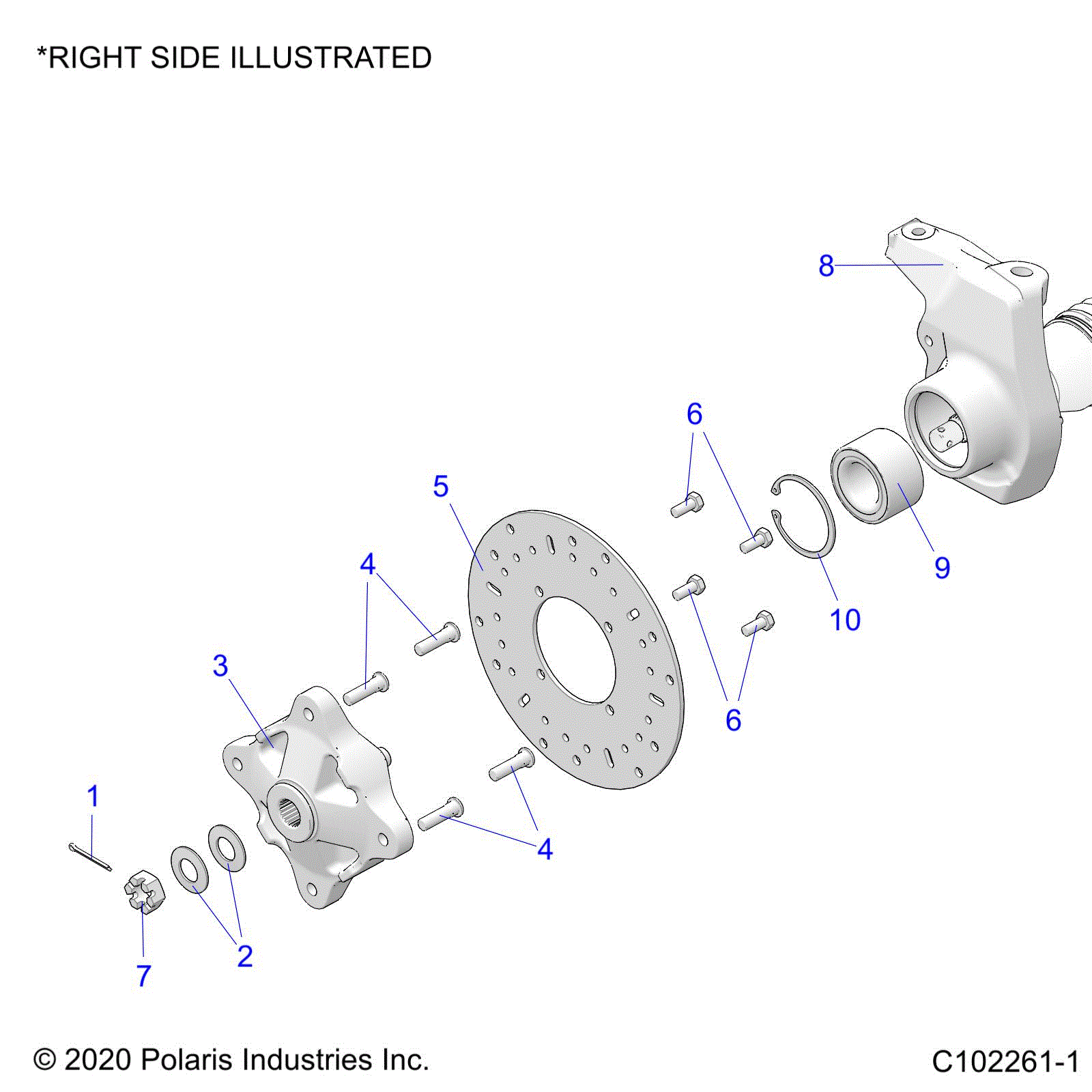 An Image of a Genuine Polaris Parts Schematic Diagram showing the schematic - SUSPENSION: FRONT HUB CARRIER and BRAKE DISC - 2024 POLARIS SPORTSMAN 570 EPS EBS RC LE