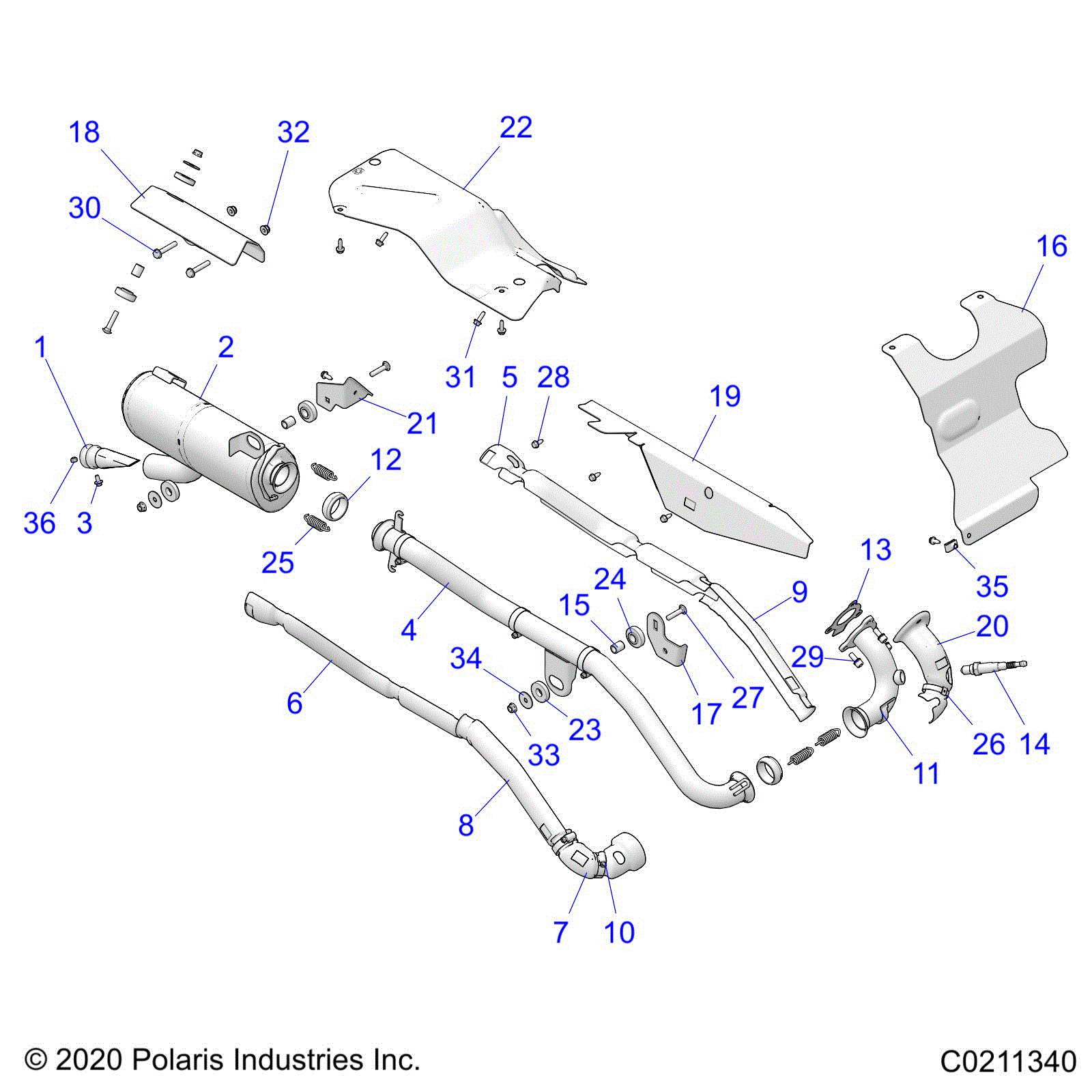 An Image of a Genuine Polaris Parts Schematic Diagram showing the schematic - ENGINE: EXHAUST - 2024 POLARIS SPORTSMAN 570 UTILITY