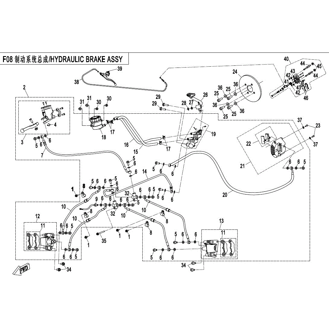 An Image of a genuine CFMOTO Parts Schematic Diagram showing the group - HYDRAULIC BRAKE ASSY (2017) - 2017 CFMOTO CFORCE 500 HO