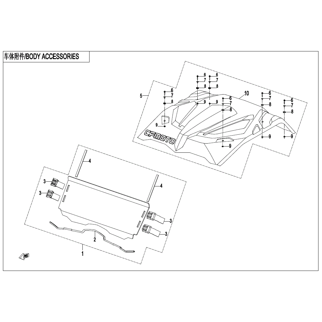 An Image of a Genuine CFMOTO Parts Schematic Diagram showing the schematic - BODY ACCESSORIES - 2022 CFMOTO ZFORCE 500