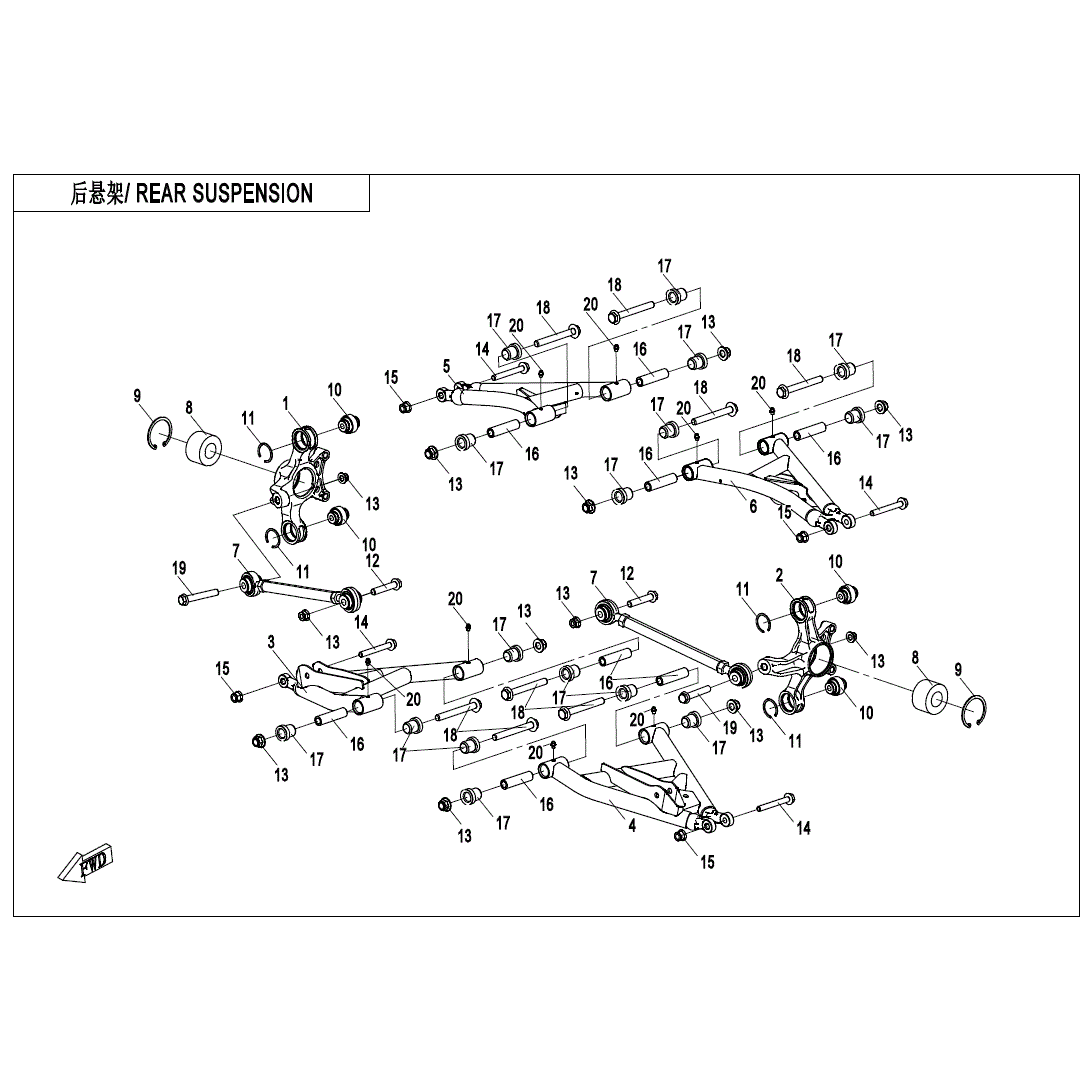 An Image of a Genuine CFMOTO Parts Schematic Diagram showing the schematic - REAR SUSPENSION - 2023 CFMOTO ZFORCE 950 Trail