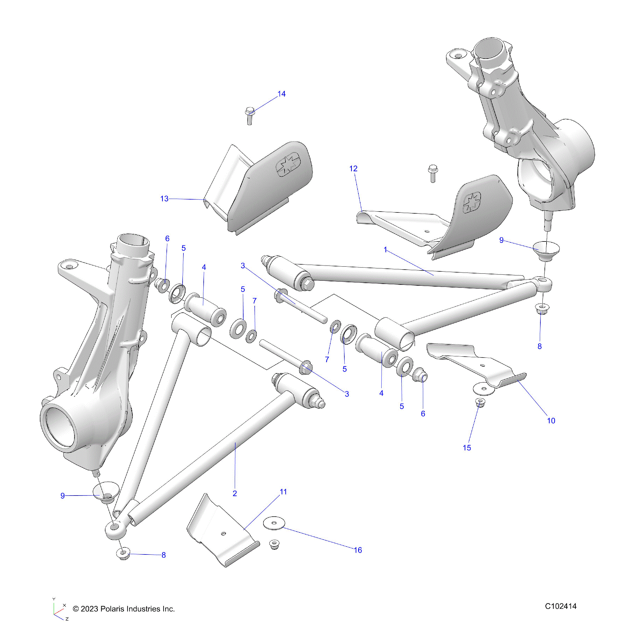 An Image of a Genuine Polaris Parts Schematic Diagram showing the schematic - SUSPENSION: A-ARM and STRUT MOUNTING - 2023 POLARIS SPORTSMAN 570 PREMIUM