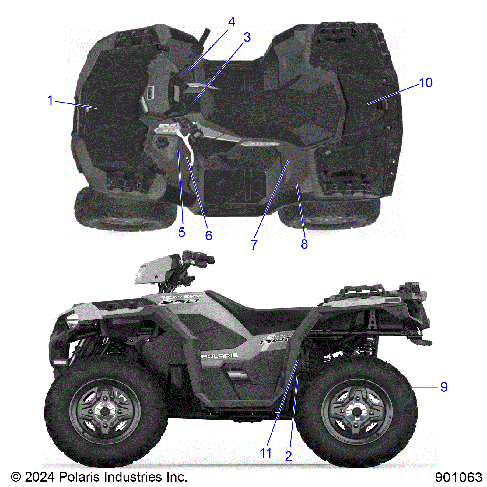 An Image of a Genuine Polaris Parts Schematic Diagram showing the schematic - BODY: DECALS STANDARD - 2025 POLARIS SPORTSMAN 850 48"