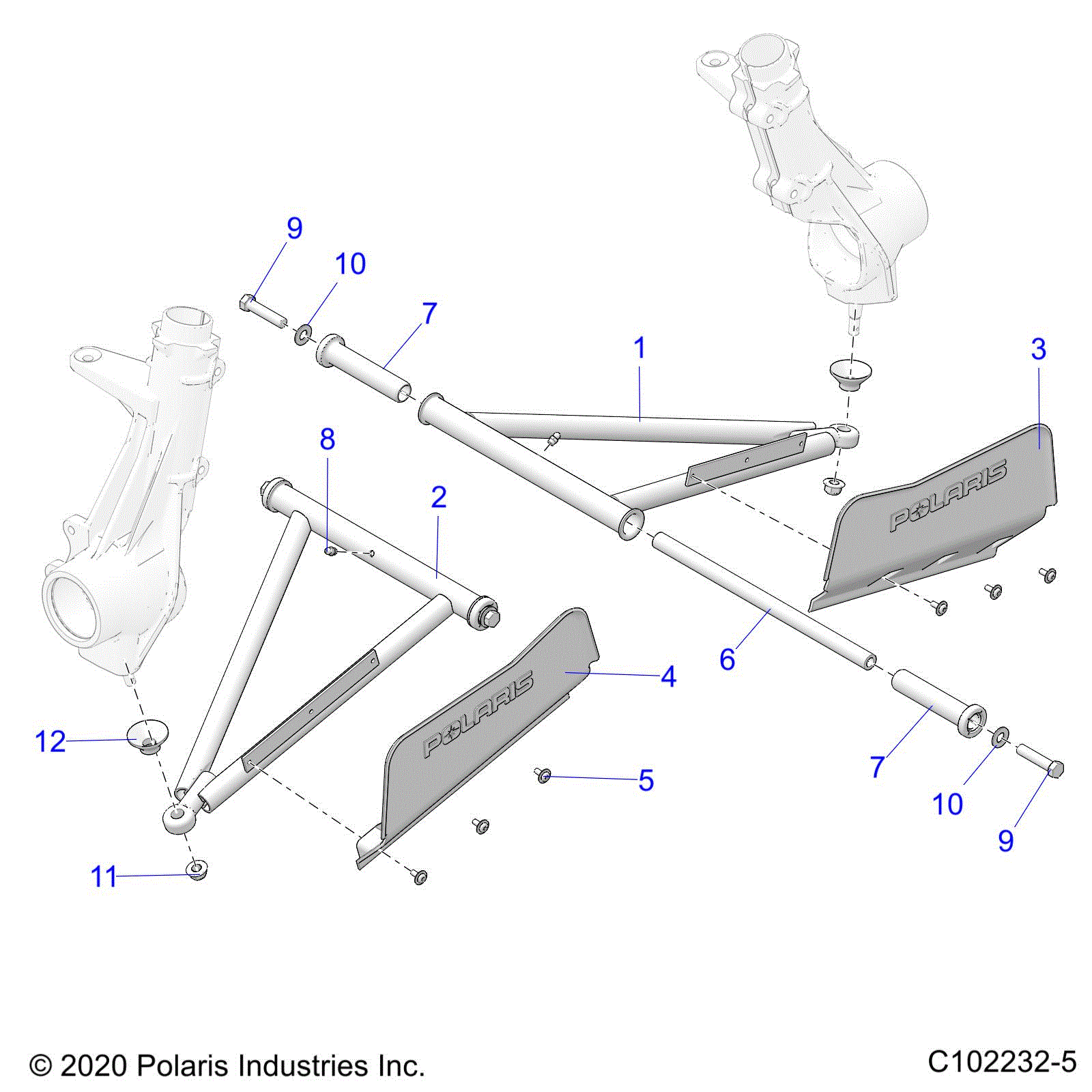 An Image of a Genuine Polaris Parts Schematic Diagram showing the schematic - SUSPENSION: A-ARM and STRUT MOUNTING - 2023 POLARIS SPORTSMAN TOURING 570