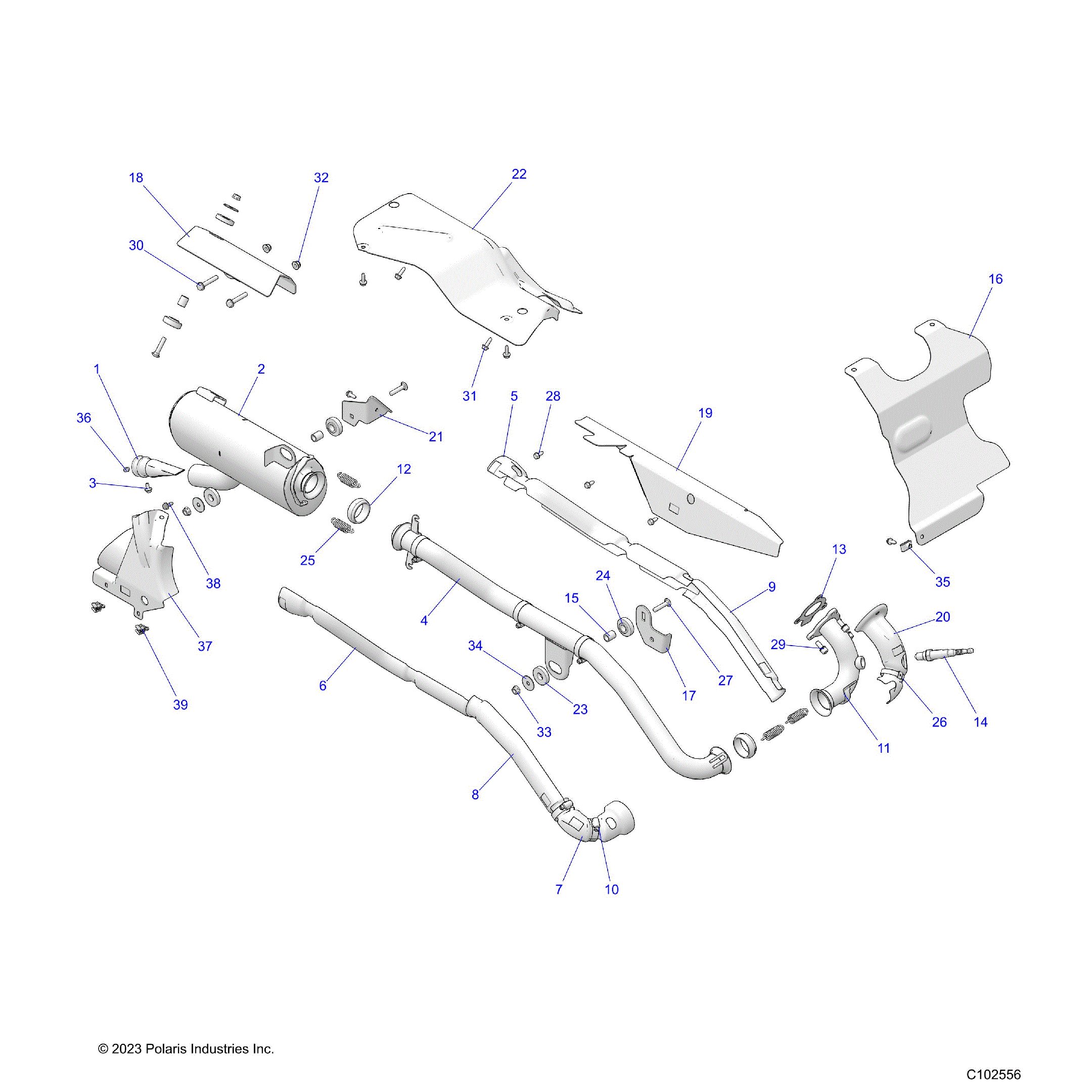 An Image of a Genuine Polaris Parts Schematic Diagram showing the schematic - ENGINE: EXHAUST - 2024 POLARIS SPORTSMAN 570 PREMIUM