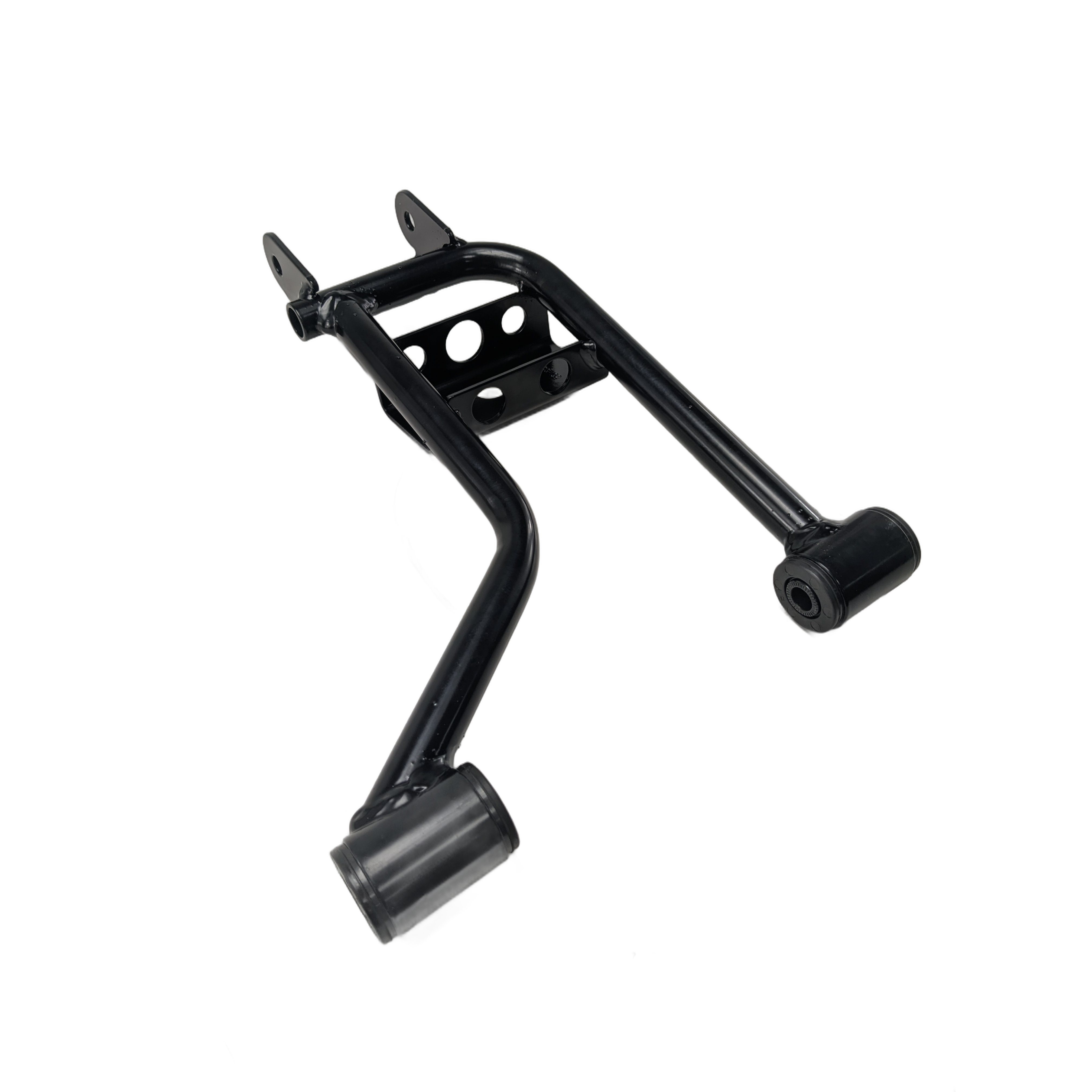 Black metal rear upper-left A-arm suspension assembly with mounting points and bushings for Arctic Cat UTV.