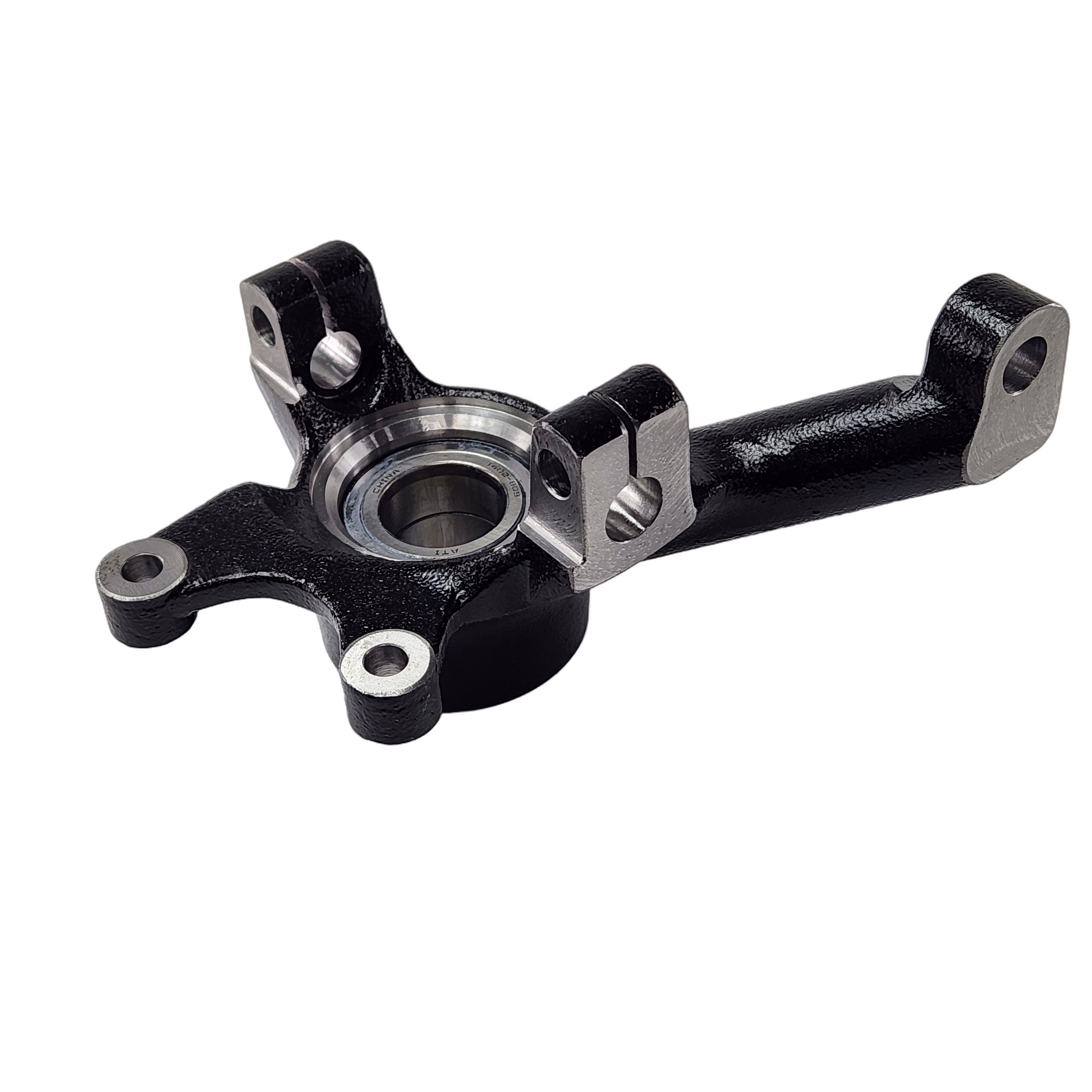 A black and silver metal Knuckle - Assembly - Left by Arctic Cat with multiple mounting holes and a central bearing, isolated on white. Ideal for replacing Arctic Cat OEM parts or upgrading ATV/UTV off-road assemblies.