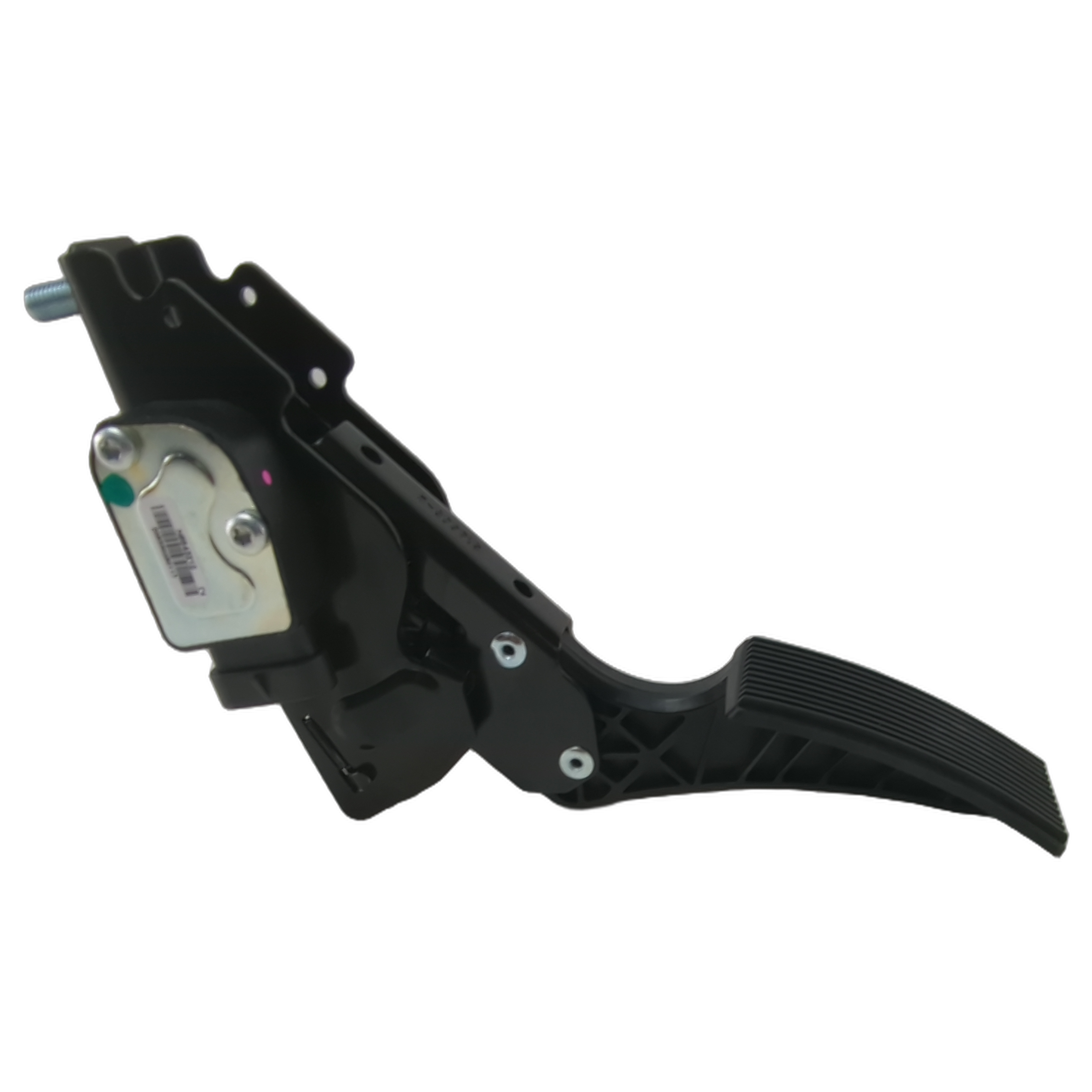 Black plastic and metal accelerator pedal with textured foot surface and mounting bracket.