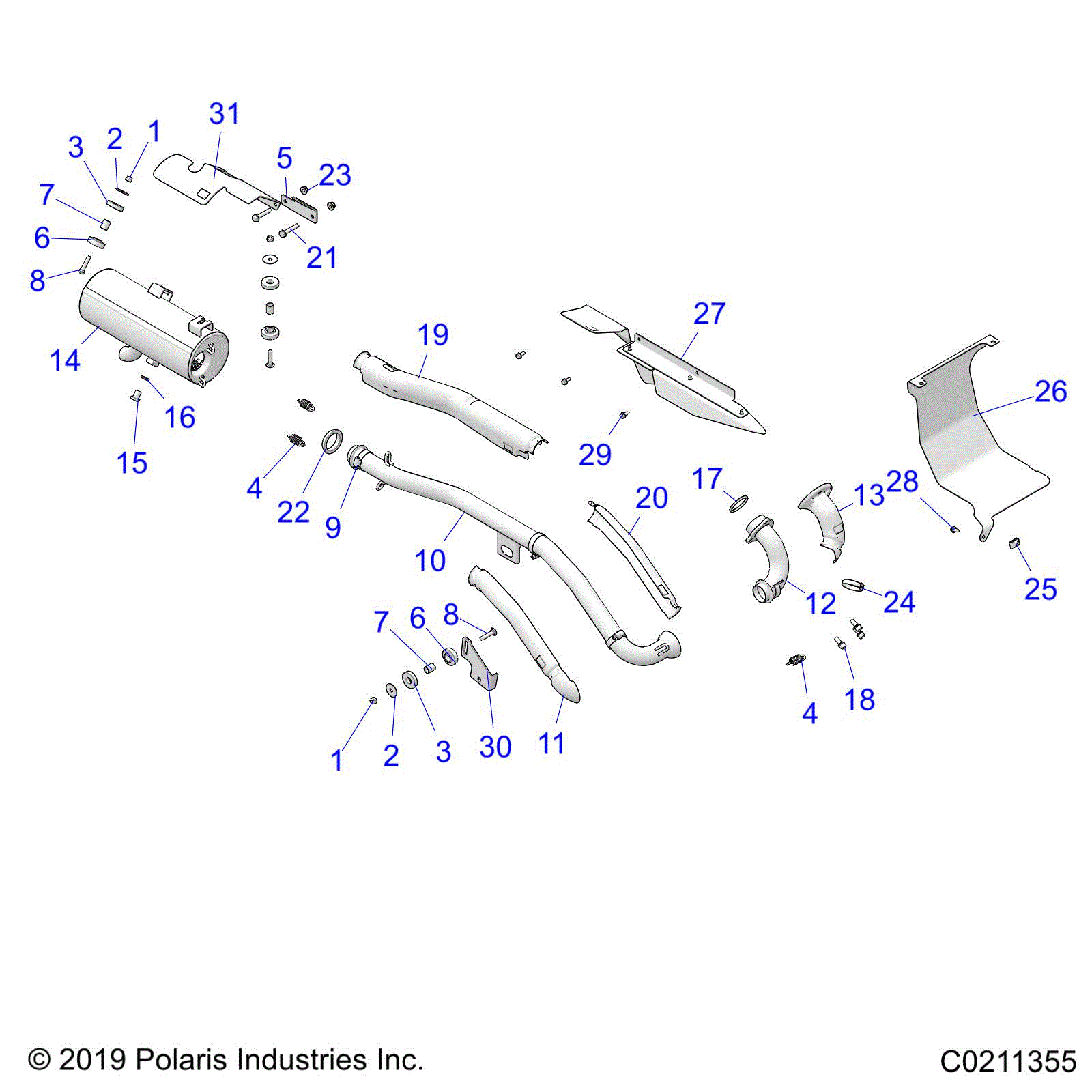 An Image of a Genuine Polaris Parts Schematic Diagram showing the schematic - ENGINE: EXHAUST - 2020 POLARIS SPORTSMAN 570 X2