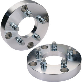 Two shiny Adapter Wheel Spacer 4-156 5 4.5 1.25 by Moose Offroad spacers, each with five studs and nuts, sit on a white background. Their evenly spaced adapter holes boost wheel stability with a large central opening for secure fitment.