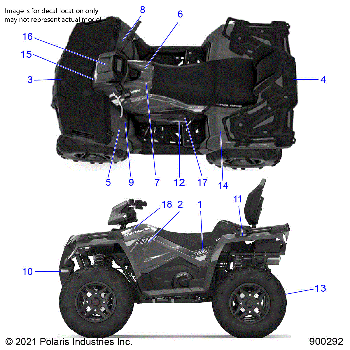 An Image of a Genuine Polaris Parts Schematic Diagram showing the schematic - BODY: DECALS - 2022 POLARIS SPORTSMAN TOURING 570 PREMIUM