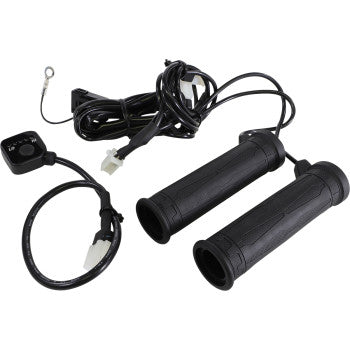 A pair of Koso North America 5 Level Thumb Throttle Heated Grips (7/8") with adjustable temperature, wiring, and a compact control switch are displayed on a white background.