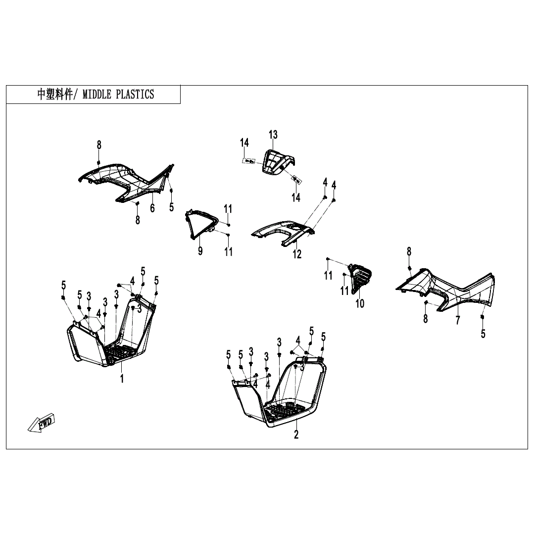 An Image of a genuine CFMOTO Parts Schematic Diagram showing the group - MIDDLE PLASTICS - 2023 CFMOTO CFORCE 110