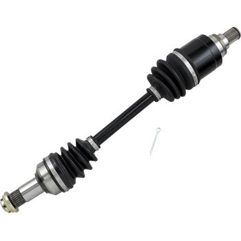 Black metal CV axle shaft with rubber accordion boots and silver metal joints on both ends, plus a small metal pin accessory.
