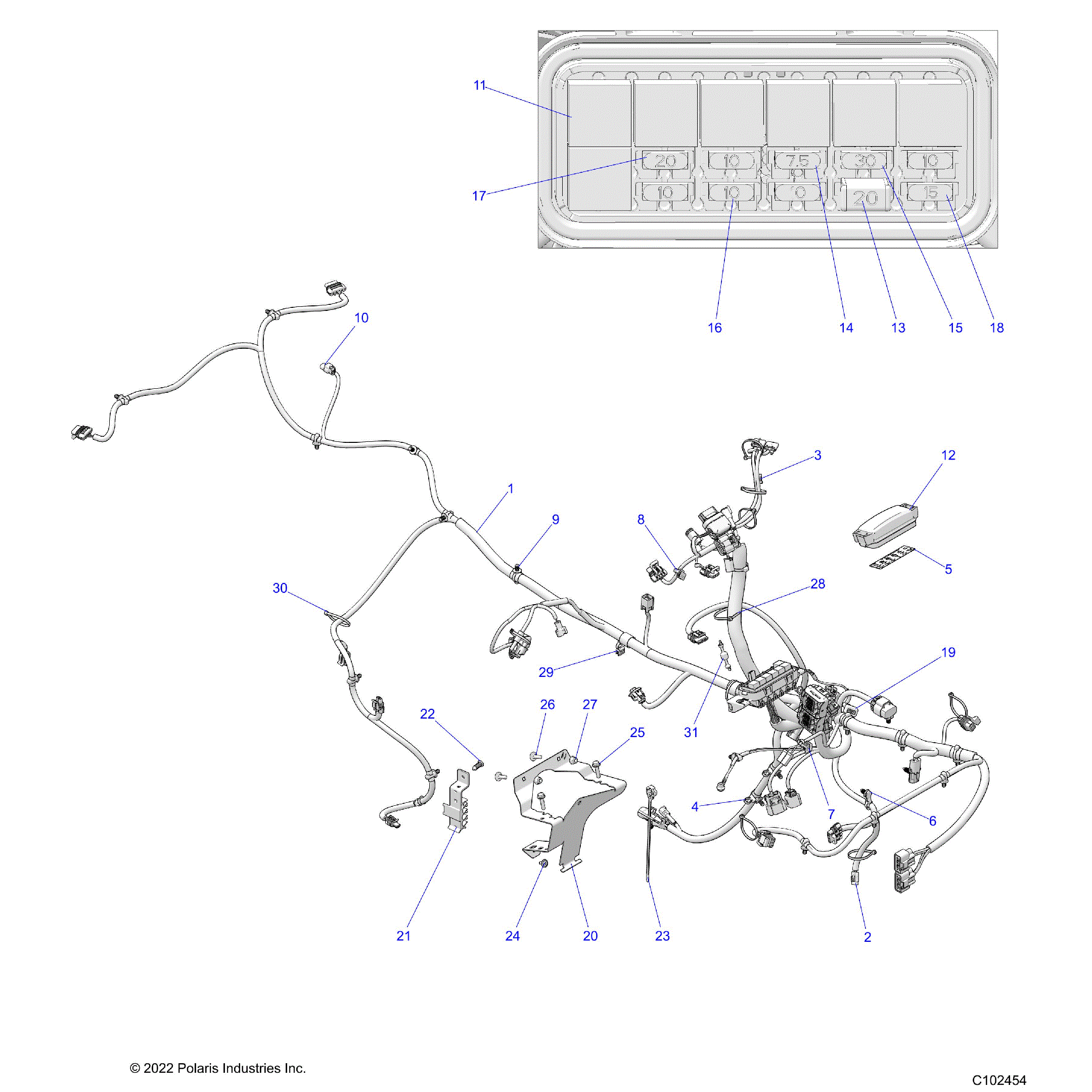 An Image of a Genuine Polaris Parts Schematic Diagram showing the schematic - ELECTRICAL: MAIN WIRE HARNESS - 2025 POLARIS SPORTSMAN 570 UTILITY