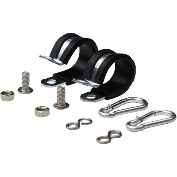 Two Whipitlightrods Flag Hardware 22 mm pipe clamps, bolts with nuts, S-shaped hooks, and carabiner clips—durably built—are arranged on a white background. Perfect for flag pole setup or easy replacement.