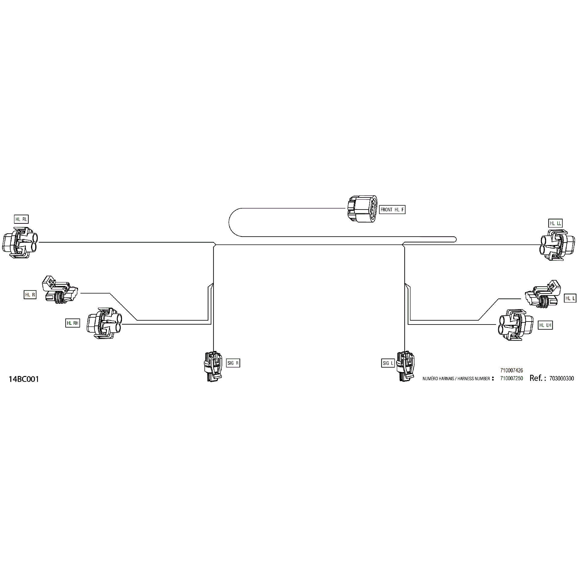 An Image of a Genuine Can-Am Parts Schematic Diagram showing the schematic - ELECTRIC - FRONT WIRING HARNESS - 710007250