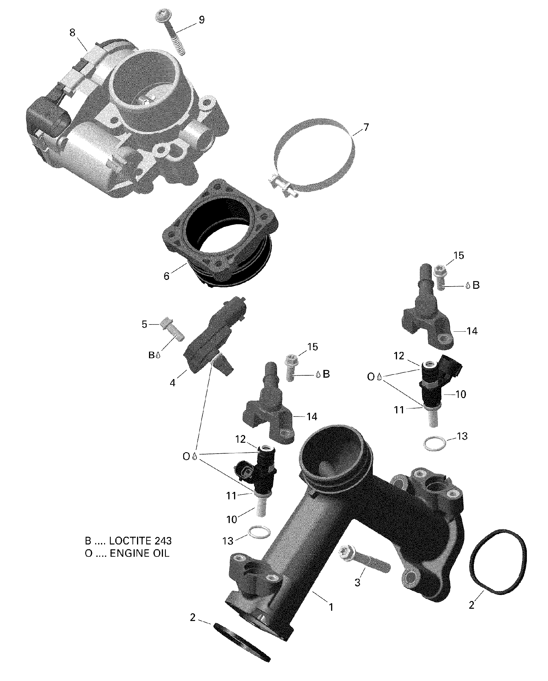 An Image of a Genuine Can-Am Parts Schematic Diagram showing the schematic - ROTAX - AIR INTAKE MANIFOLD AND THROTTLE BODY - V2