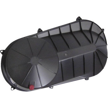 The Polaris Clutch Cover Outer by Moose Offroad is a black plastic replacement with a rounded rectangular, ridged design, a circular section at one end, and a small red cap or knob.