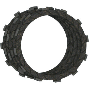 A stack of dark, textured Clutch Plates by Vesrah is arranged in a slightly staggered, overlapping circular pattern against a white background, showcasing discs built to OEM standards.
