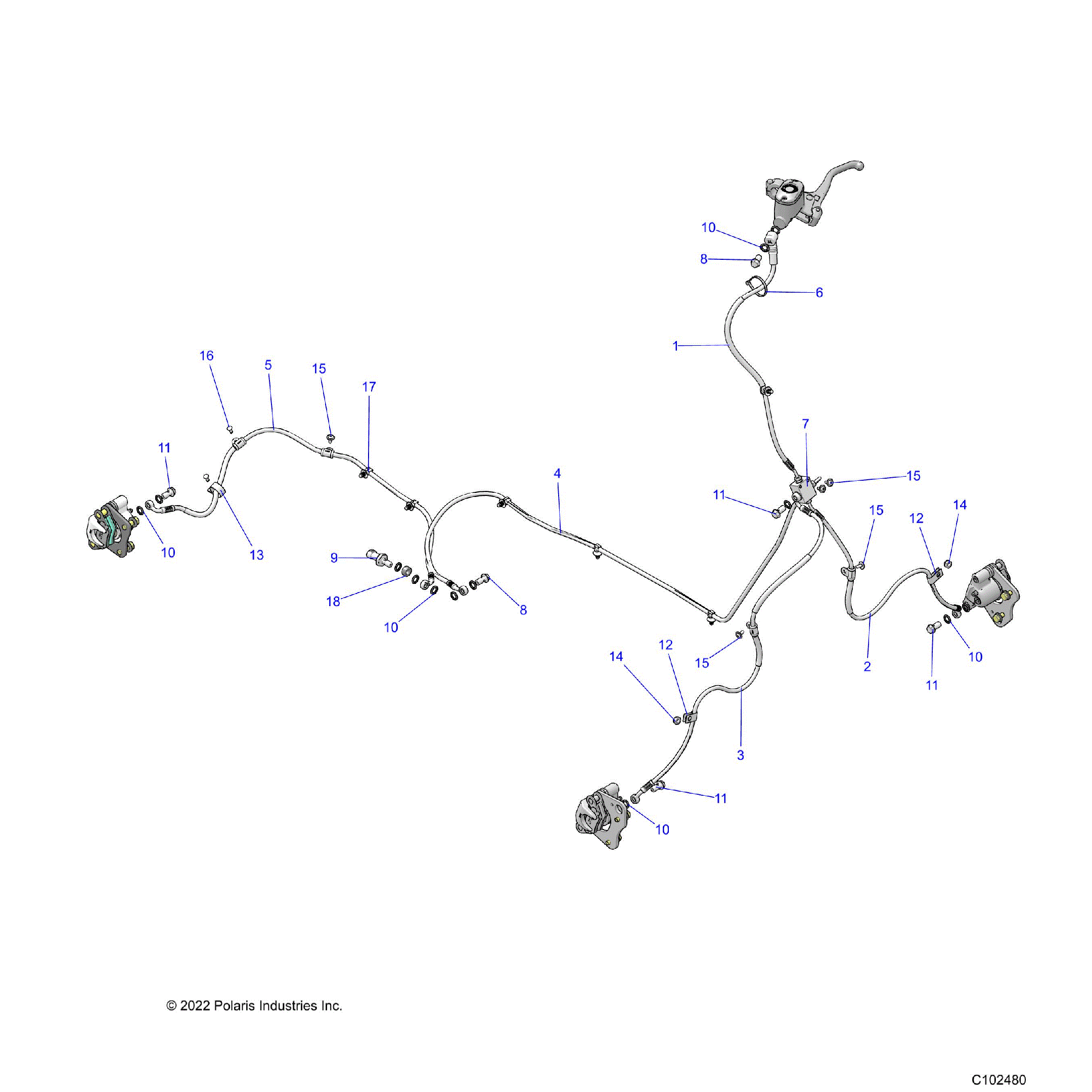 An Image of a Genuine Polaris Parts Schematic Diagram showing the schematic - BRAKES: BRAKE LINES - 2023 POLARIS SPORTSMAN 570 UTILITY LE