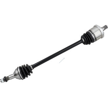 Black metal CV axle shaft with silver hexagonal hubs and accordion-style rubber boots on both ends.