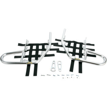 Two Yamaha Banshee Nerf Bars Silver by Motorsport Products, made from durable aluminum tubing with black webbing, are side by side with EZ-fit clamp brackets and hardware displayed below on a white background.