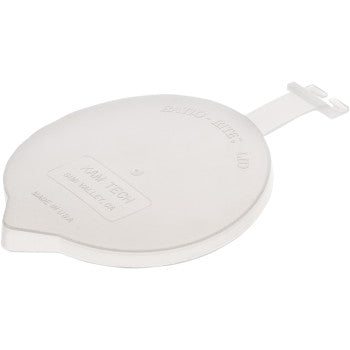 White plastic measuring cup lid with a flat, circular shape and a small pouring spout, featuring an extended tab handle and.