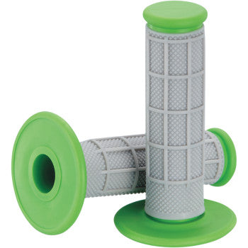 Two Qualifier Grips Half Waffle Green by Moose Offroad for twist throttle vehicles—gray and green dual compound grips with textured, soft surfaces and flared ends; one upright, one lying down.