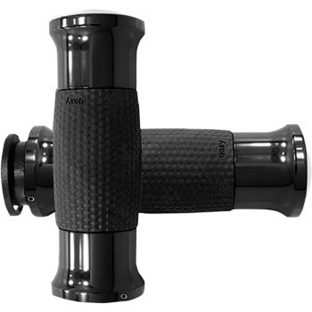 The Indian Grips - Gel - Black by Avon Grips are ergonomic motorcycle handlebar grips with textured rubber centers, smooth shiny ends, and excellent vibration dampening; includes two grips, shown crossed.