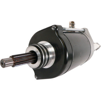 A close-up of the black and silver Starter Motor by Parts Unlimited, featuring copper bushings, a metal shaft, and a top terminal connection, isolated on white. Perfect for starters built to OEM specs.