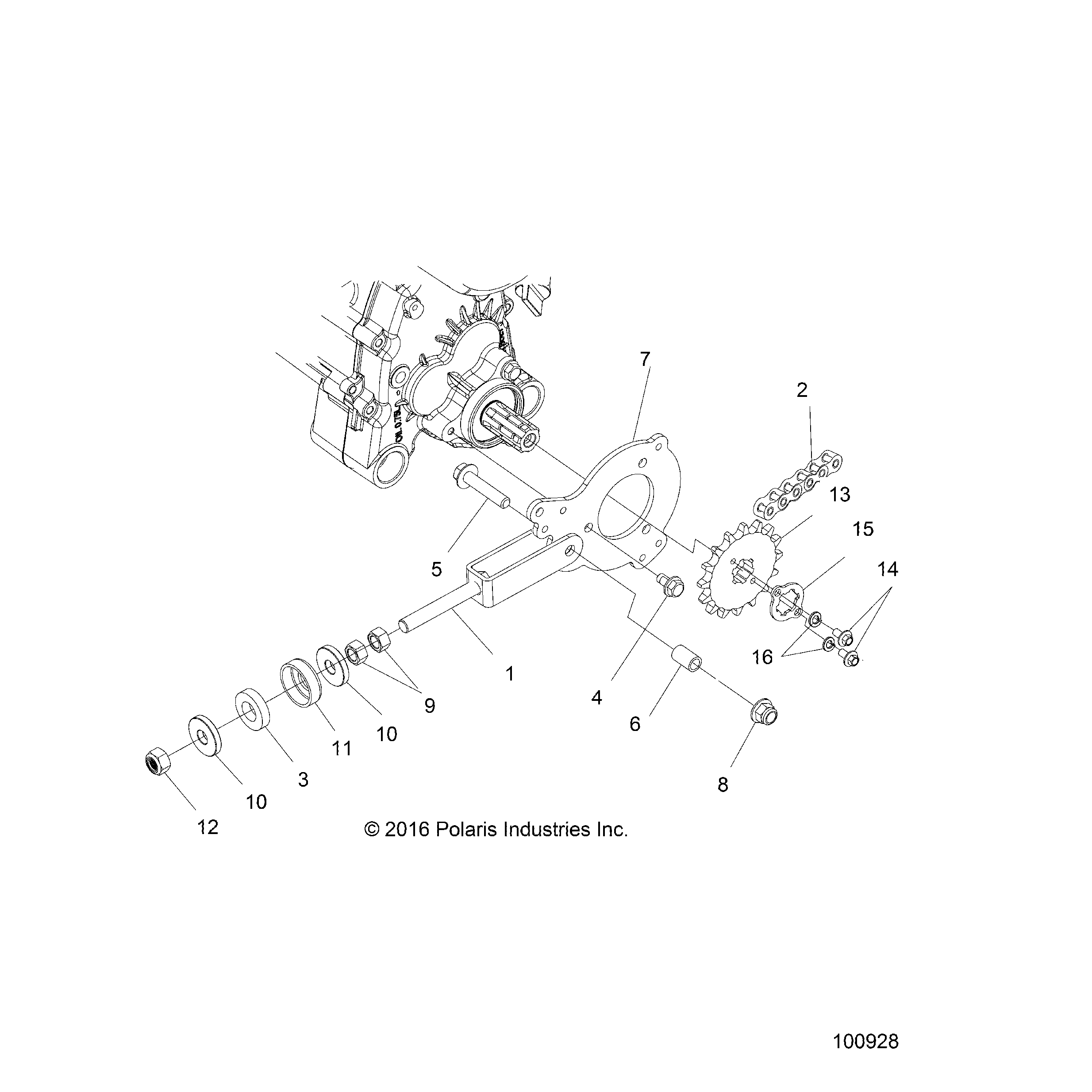 An Image of a Genuine Polaris Parts Schematic Diagram showing the schematic - DRIVE TRAIN: CHAIN TENSIONER AND SPROCKET - 2018 POLARIS ACE 150 EFI INDY