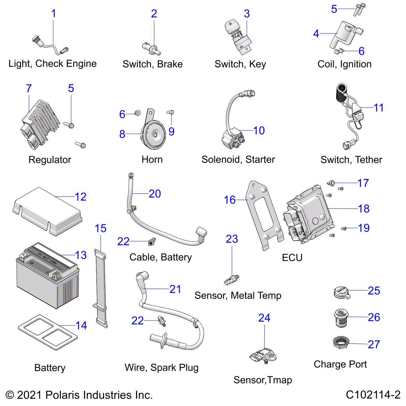 An Image of a Genuine Polaris Parts Schematic Diagram showing the schematic - ELECTRICAL: COMPONENTS - 2025 POLARIS OUTLAW 70