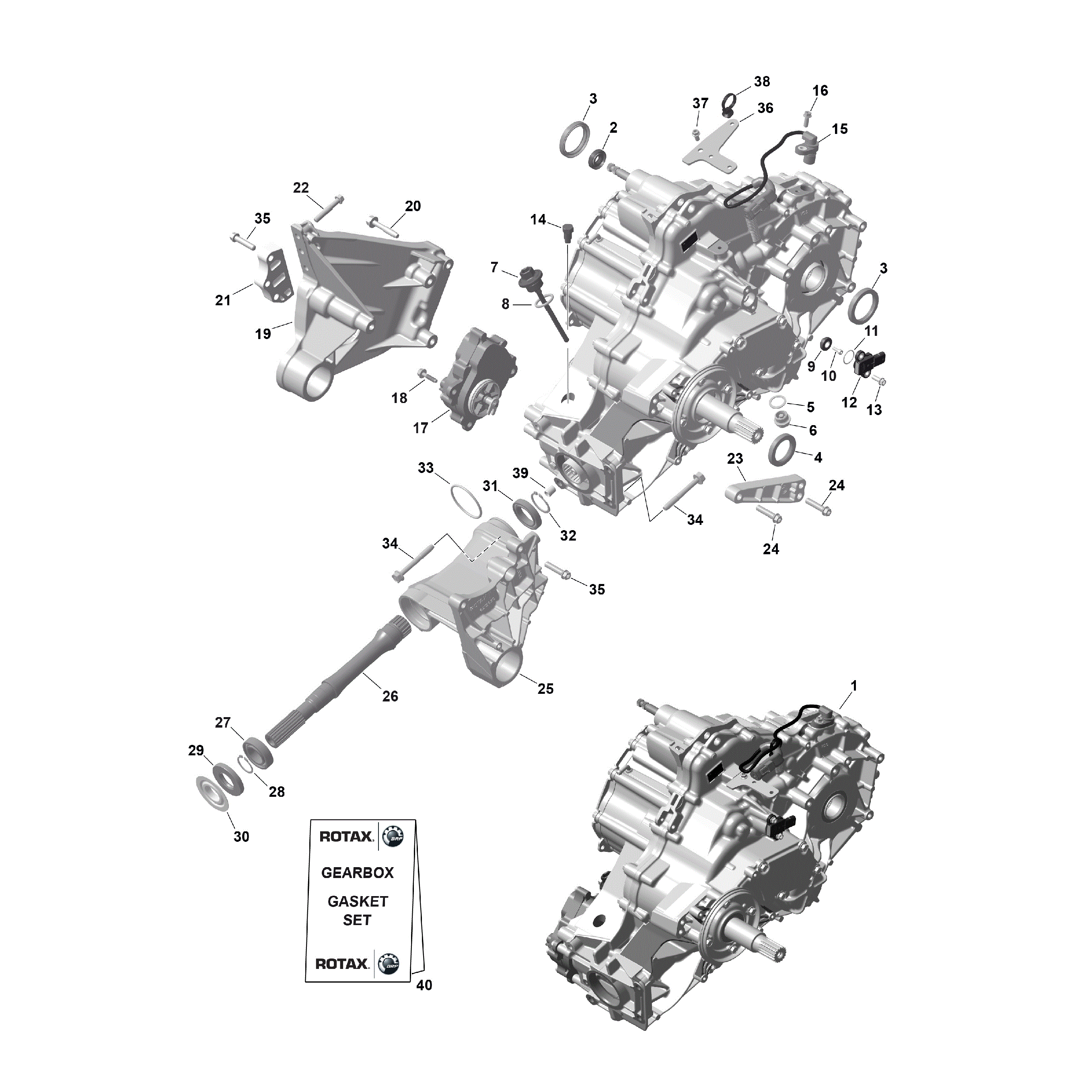 An Image of a Genuine Can-Am Parts Schematic Diagram showing the schematic - ROTAX - GEARBOX ASSY AND DRIVE SHAFT