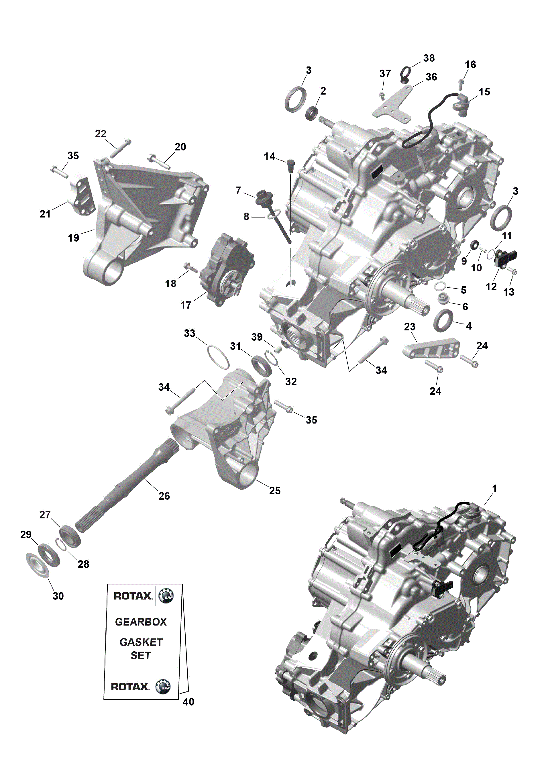 An Image of a Genuine Can-Am Parts Schematic Diagram showing the schematic - ROTAX - GEARBOX ASSY AND DRIVE SHAFT