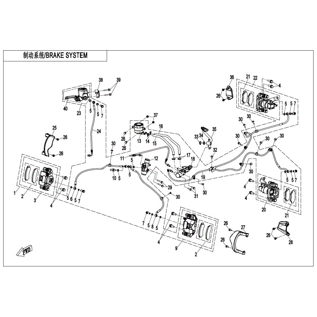 An Image of a genuine CFMOTO Parts Schematic Diagram showing the group - BRAKE SYSTEM - 2023 CFMOTO CFORCE 600