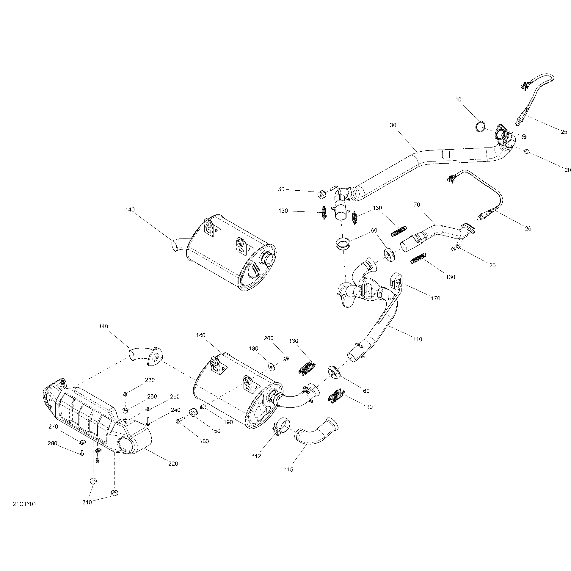 An Image of a Genuine Can-Am Parts Schematic Diagram showing the schematic - EXHAUST SYSTEM - ALL MODELS