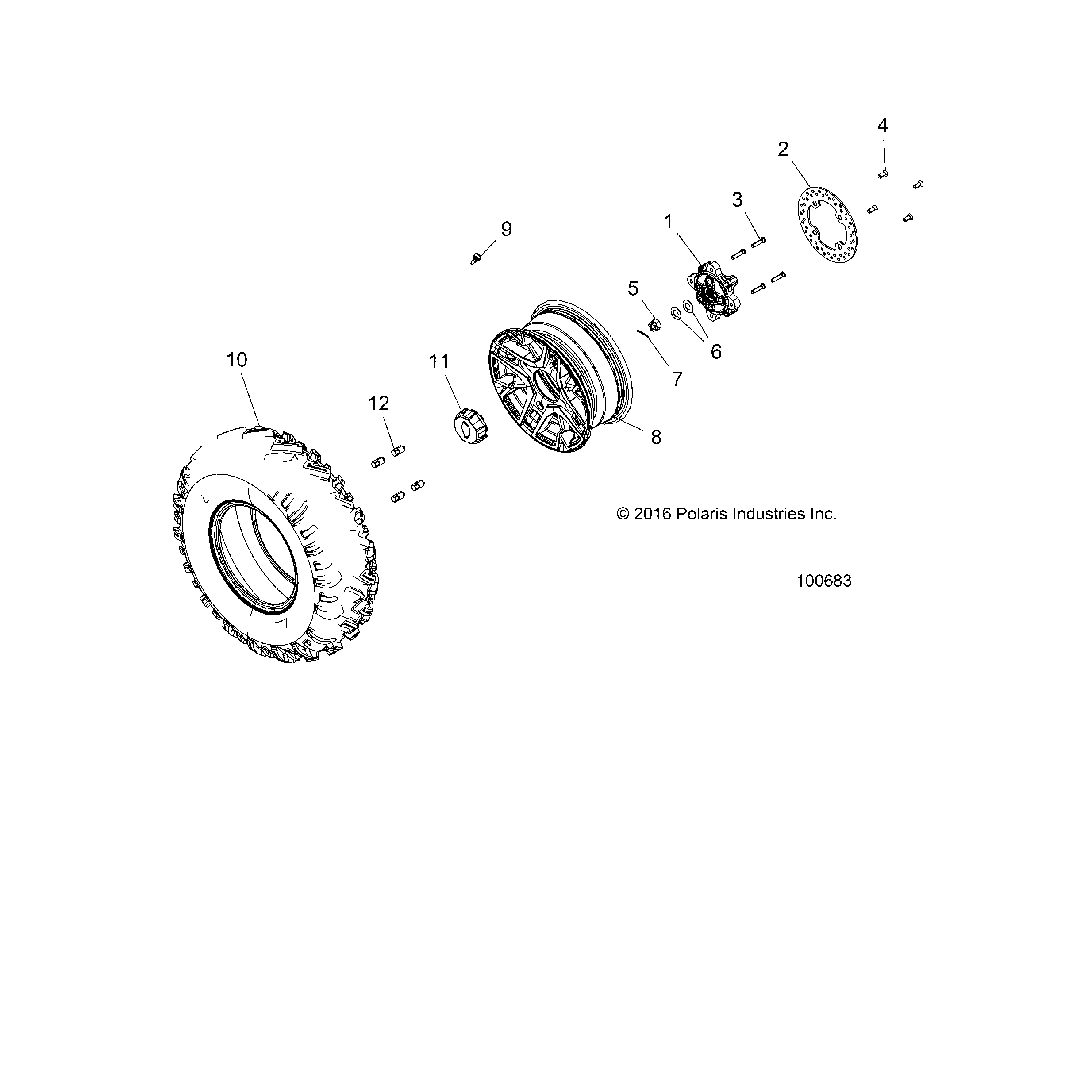 An Image of a Genuine Polaris Parts Schematic Diagram showing the schematic - WHEELS: FRONT TIRE and BRAKE DISC - 2017 POLARIS ACE 570 SP