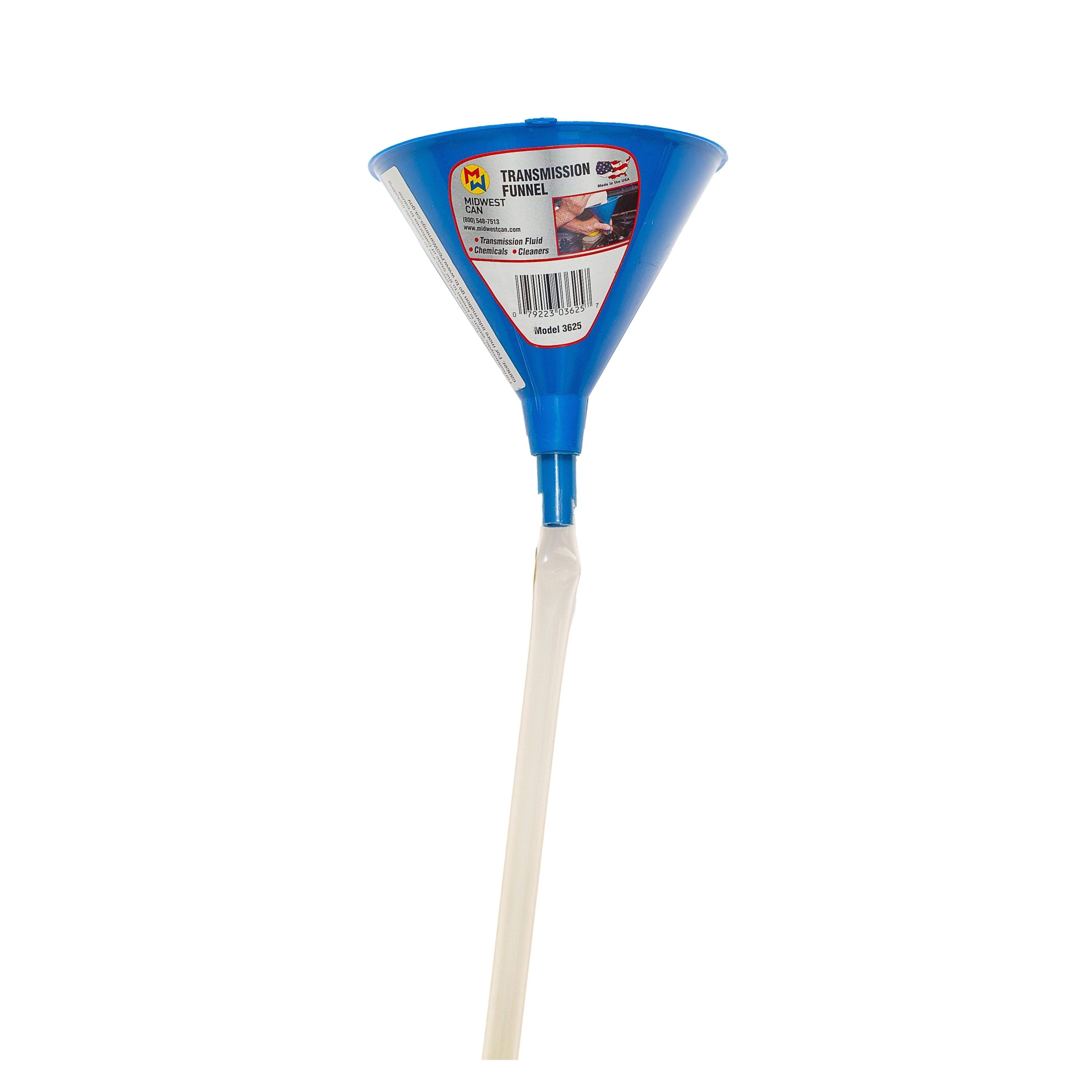 Blue plastic oil funnel with a narrow, flexible white spout and a product label on the wide opening.