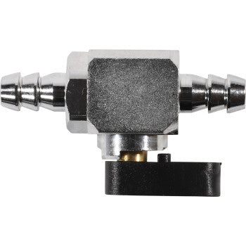 The Helix In Line Fuel Valve 5/16" features brass nickel construction, barbed hose connectors on both ends, and a black lever handle for easy on/off control.