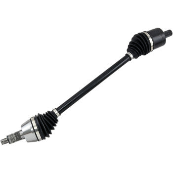 The Polaris Axle Kit Complete Super Duty Front Left & Right by Epi features black automotive drive shafts with rubber boots and metal joints, made from premium steel for durability. Designed as OEM replacements, they are shown diagonally on a white background.