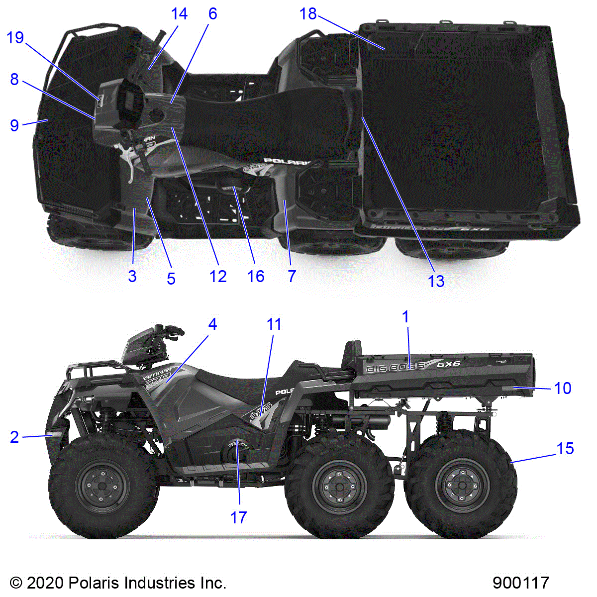 An Image of a Genuine Polaris Parts Schematic Diagram showing the schematic - BODY: DECALS - 2020 POLARIS SPORTSMAN 570 6X6