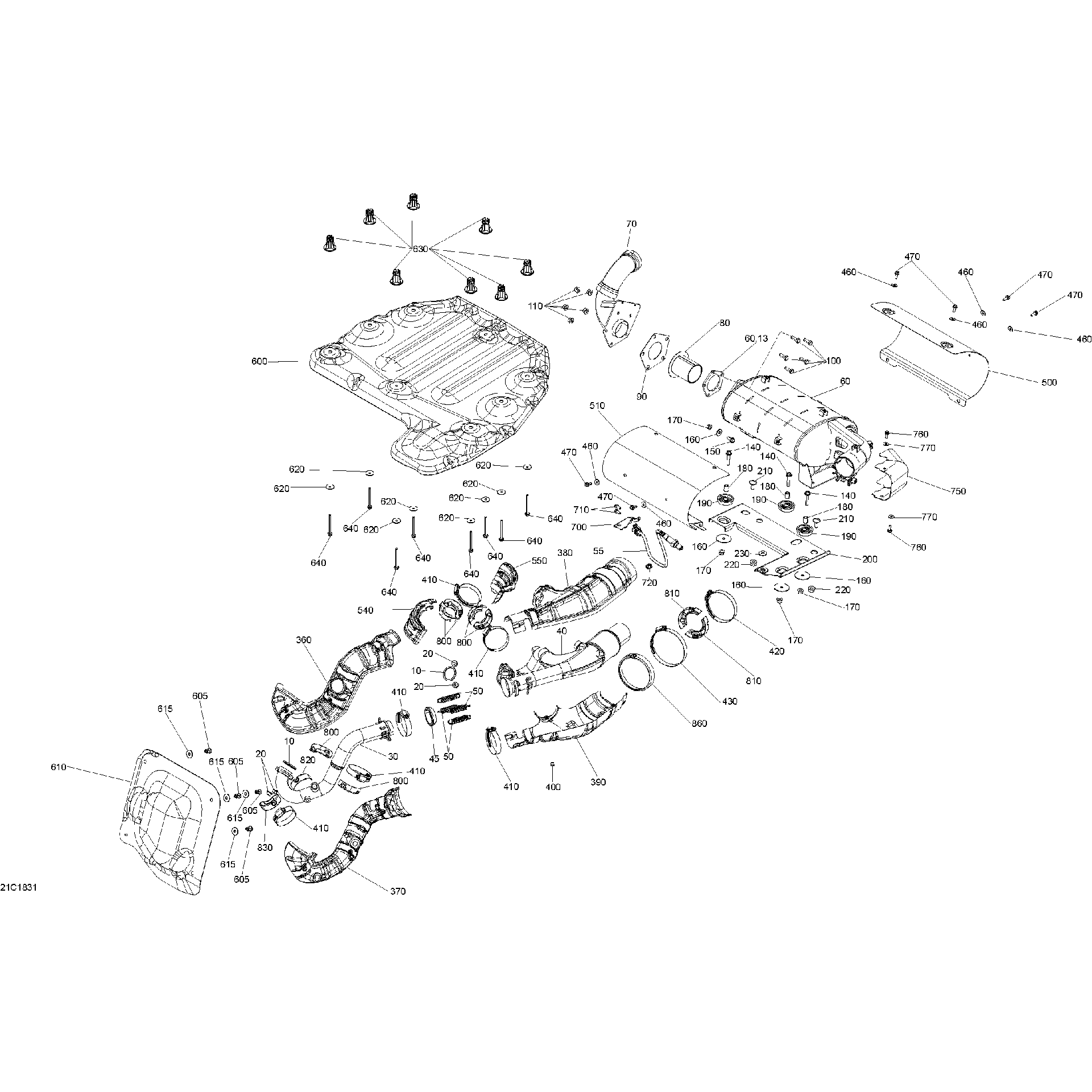 An Image of a Genuine Can-Am Parts Schematic Diagram showing the schematic - EXHAUST MAVERICK TRAIL - 1000 EFI