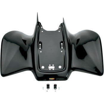 Glossy black Rear Fender by Maier, made from high-density polyethylene, features two wing-like side panels and includes mounting hardware displayed below on a white background.