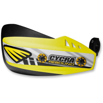 The Rebound Hand Guards Yellow by Cycra feature a bold logo, geometric yellow and black design, two visible mounting screws, and durable billet aluminum mounts for reliable motorcycle hand protection.