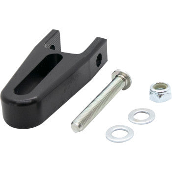 The Accessory Mount Light Bar Large 0.402 mm Diameter by Sdi, a black metal bracket with U-shaped slot, is shown alongside a silver bolt, two washers, and a hex nut—arranged on a white background.