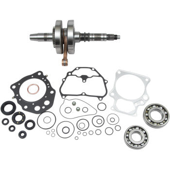 The Honda OE Crankshaft Replacement Kit by Hot Rods includes a crankshaft, connecting rods, gaskets, seals, bearings, and metal rings—all displayed neatly on a white background.