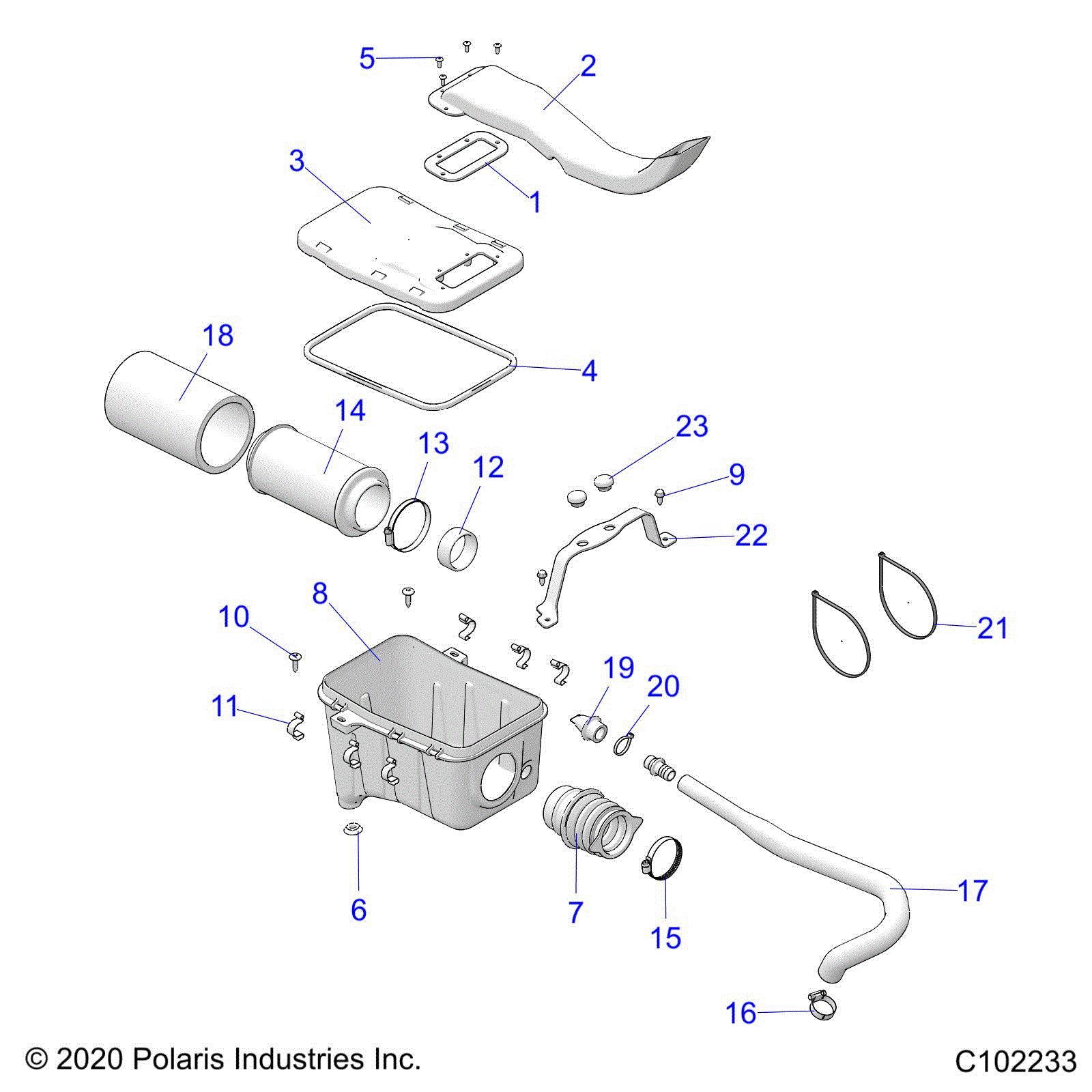 An Image of a Genuine Polaris Parts Schematic Diagram showing the schematic - ENGINE: AIR INTAKE SYSTEM - 2020 POLARIS SPORTSMAN 570 6X6