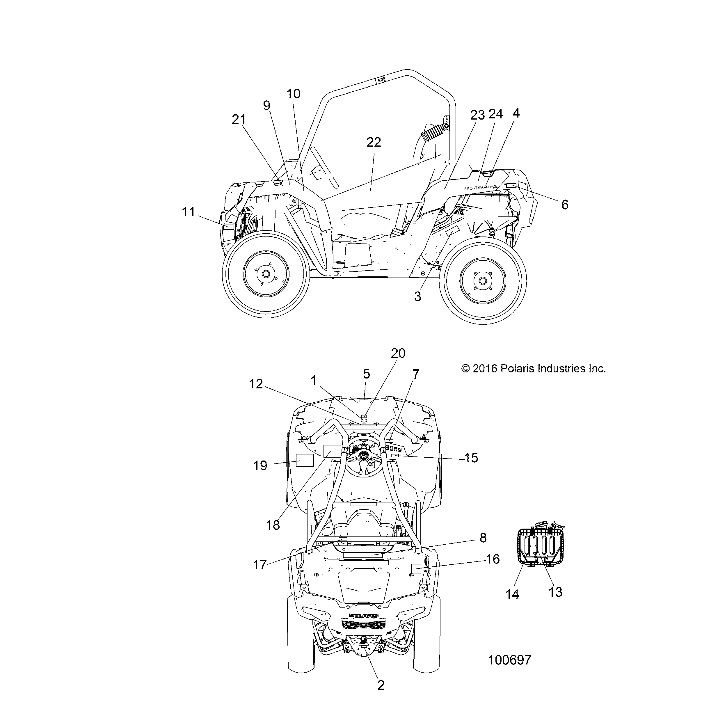 An Image of a Genuine Polaris Parts Schematic Diagram showing the schematic - BODY: DECALS - 2017 POLARIS ACE 570 SP