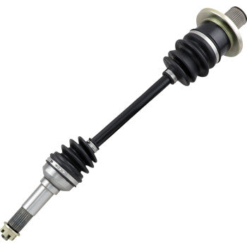 Black metal CV axle shaft with rubber boots and silver metal joints on each end.